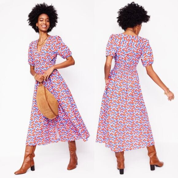 BODEN Lillian Cotton Midi Fit And Flare Dress Size 10 Cherry Print Blue Red - Picture 1 of 9
